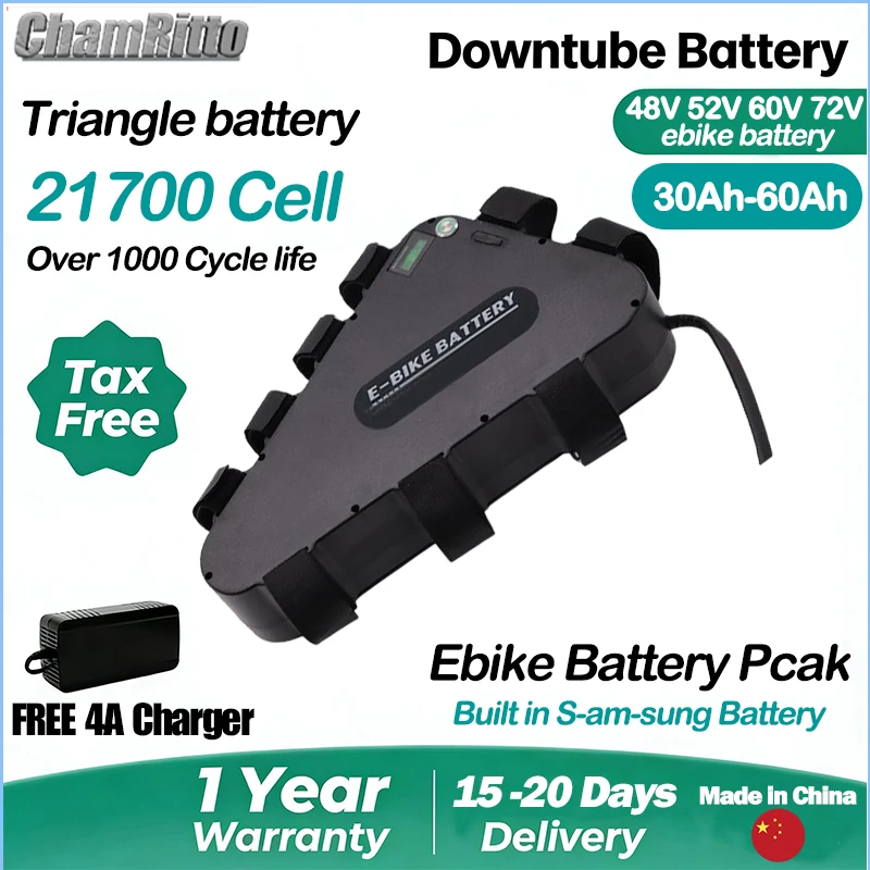 Batteria al litio triangolare per bici elettrica 60V/72V 3000W, compatibile con e-bike 36V/48V/52V, capacità 30Ah/40Ah/50Ah/60Ah, compatibile anche con Chamrider 1000W/2000W, celle 21700