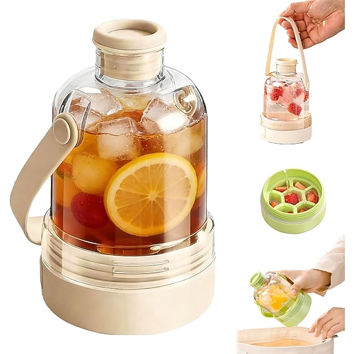 Multifunktionale, transparente Wasserflasche mit Eiswürfelbehälter, 2-in-1-Eiswürfelflasche mit Griff, tragbarer, berührungsloser Eiswürfelbereiter mit Ein-Klick-Entriegelung für Reisen, Image