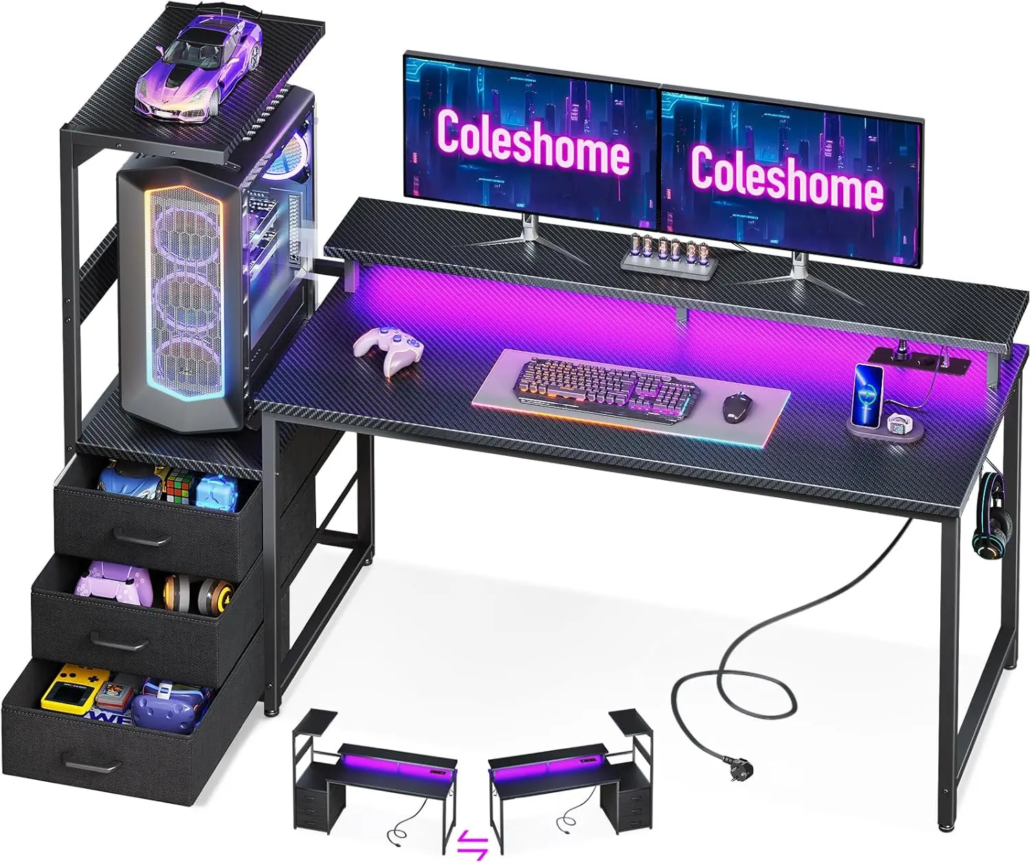 Tavolo da gioco Coleshome con cassetti, scrivania da gioco 151 × 50 cm con illuminazione a LED e presa, fibra di carbonio nera