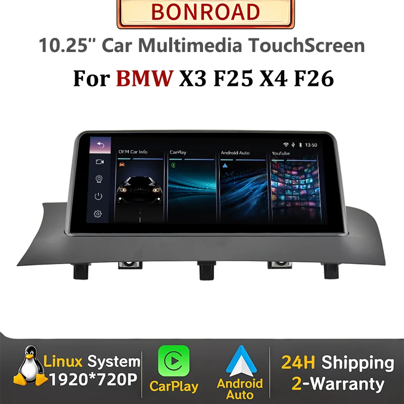 Lettore multimediale wireless CarPlay Android Auto da 10,25 pollici per BMW X3 F25 X4 F26 2011-2017 CIC NBT con YouTube, GPS, stereo e radio per auto