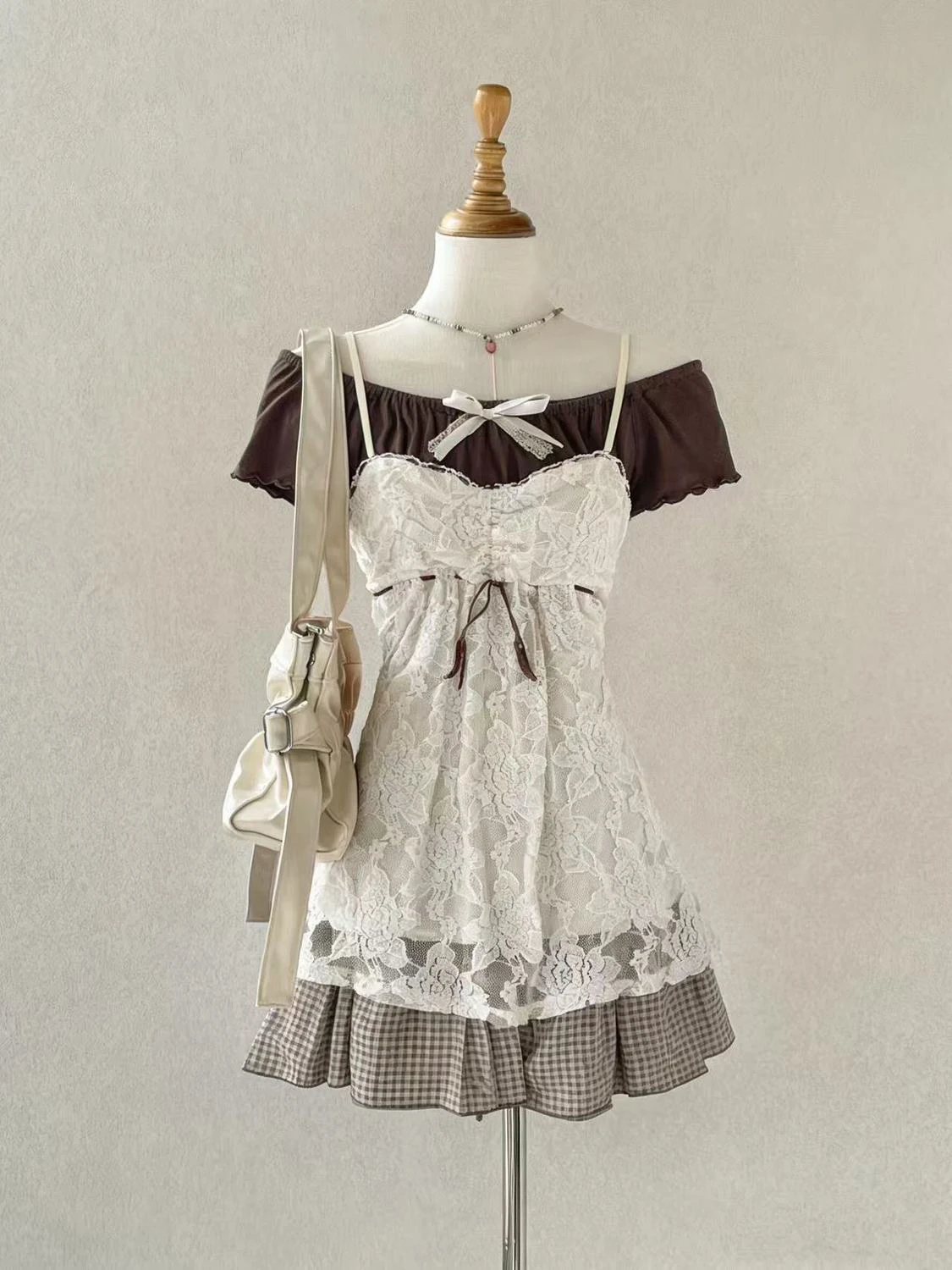 Set di 3 Pezzi Abiti Vintage Y2k Anni 2000, Vestito da Donna Slim con Top in Pizzo + Gonna, Stile Punk Dolce Sexy Hot Girl, Gonna Corta Elegante Estiva Chic