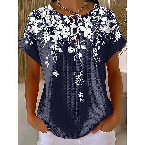 Damen Waffel T-Shirt Druck Grafik Geometrisch Vintage Stilvoll Klassisch Kurze Ärmel Rundhals Reguläre Tops Täglich Blau Rosa Marineblau Khaki Sommer Frühling Image