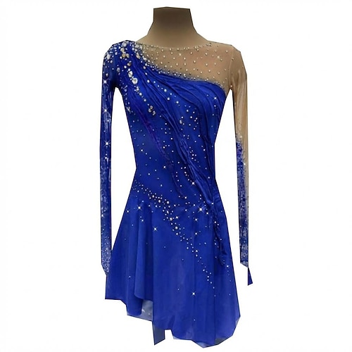 Eiskunstlaufkleid Damen Eislaufen Kleid Königsblau Patchwork Daumenloch Dehnbar Training Wettbewerb Eiskunstlaufkleidung Klassisch Kristall / Strass Langarm Eislaufen Eiskundstlauf Image
