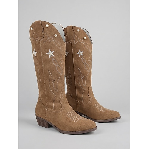 Damen-Westernstiefel aus khakifarbenem Wildleder – Vintage-Cowgirlstiefel mit Perlen Stickereien, hoher Blockabsatz im Stil von Musikfestivals Boho-Urlaub Image
