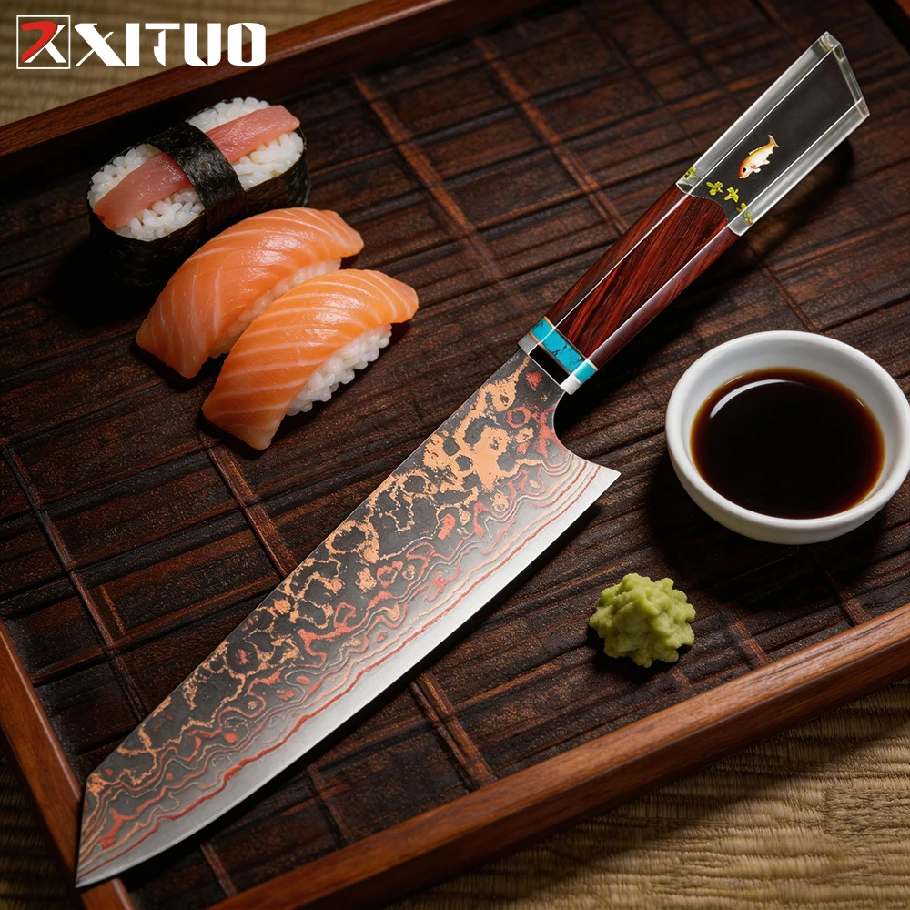 Coltello da Chef XITUO Kiritssuke 8 Pollici, Acciaio Damascato Tricolore, Affilato come un Rasoio, Coltello da Cucina Giapponese per Chef e Uso Domestico
