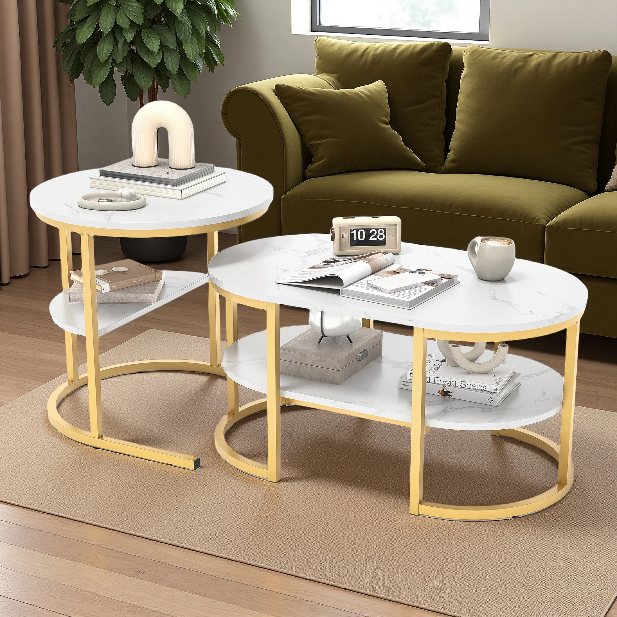 Set di 2 tavolini da caffè Comanlai, effetto marmo, tavolini laterali rotondi e rettangolari con spazio contenitore, struttura in metallo, tavolini impilabili