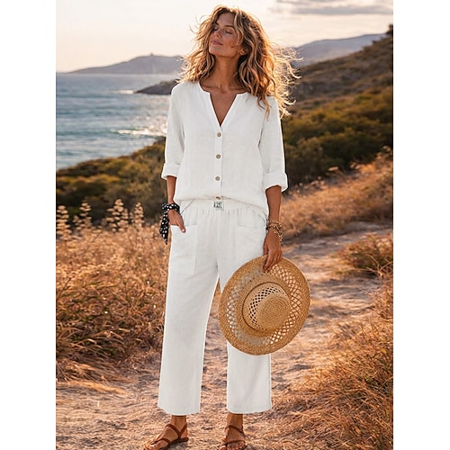 Damen-Sets aus Baumwolle: Hemd, Hose und Freizeithose Zweiteiliges sportliches Streetwear-Outfit, schlicht, langärmlig, V-Ausschnitt, Kordelzug, für Sommer und Frühling Image