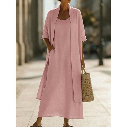 Damen Kleid-Set Shiftkleid Elegant Einfach Tasche Maxikleid Dreiviertelarm Rundhalsausschnitt Täglich Outdoor Blau Weiß Rosa Sommer Frühling Lässiger Schnitt Image
