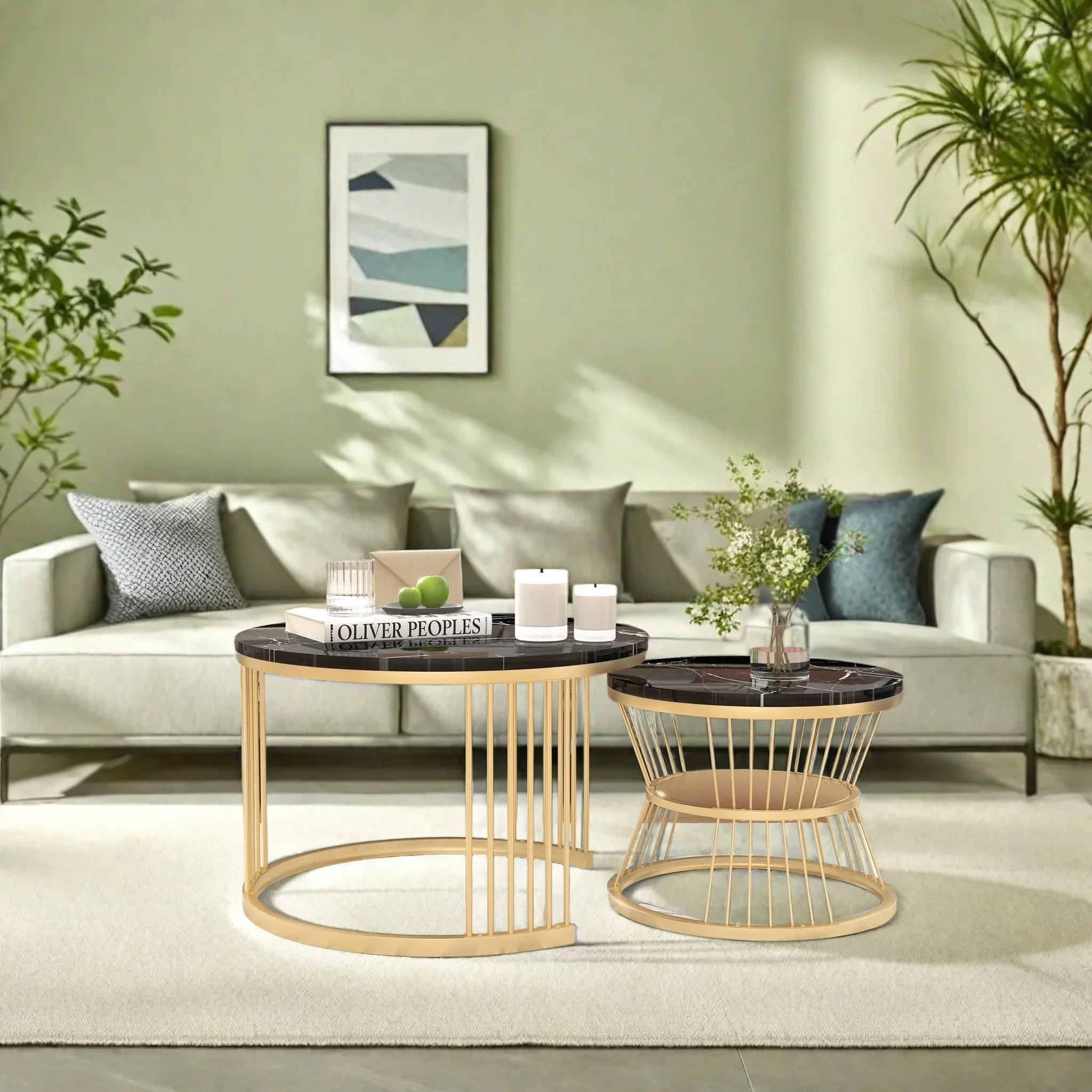 Set di 2 tavolini da caffè moderni con contenitore, set di tavolini con impiallacciatura in marmo, tavolini laterali per divano, tavolini rotondi