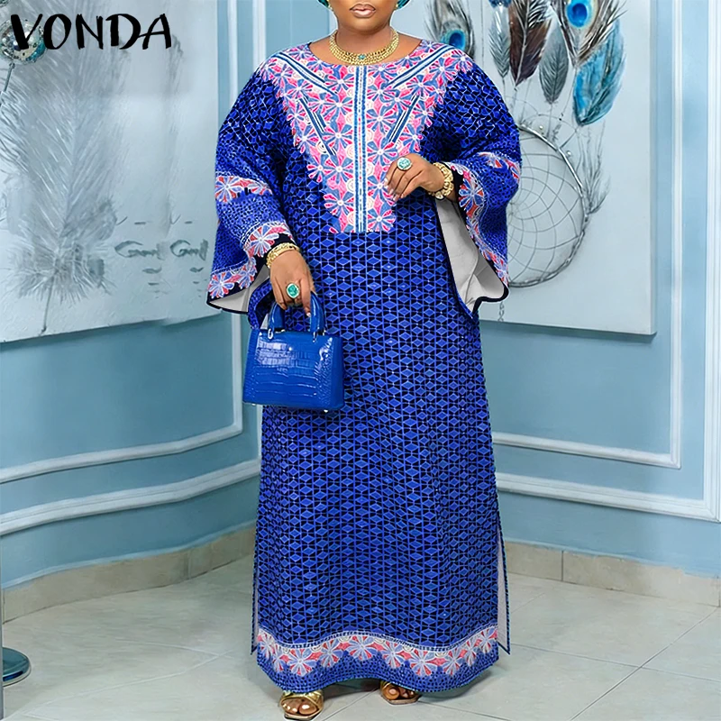 Abito Lungo Estivo Primaverile da Donna VONDA, Elegante Vestito Plus Size con Stampa, Abito da Festa a Maniche Lunghe, Abbigliamento Streetwear