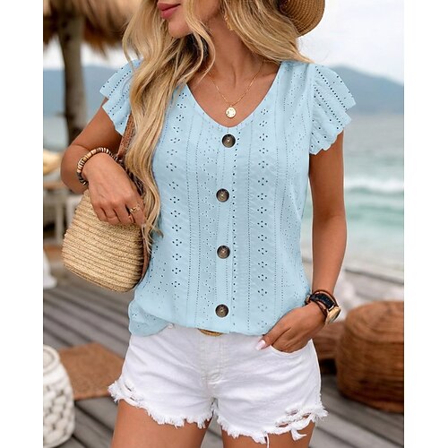 Damen T Shirt T-Shirt Lochmuster Mode Stilvoll Klassisch Kurzarm V Ausschnitt Normale Oberteile Täglich Ausgehen Weiß Gelb Rosa Himmelblau Sommer Frühling Image
