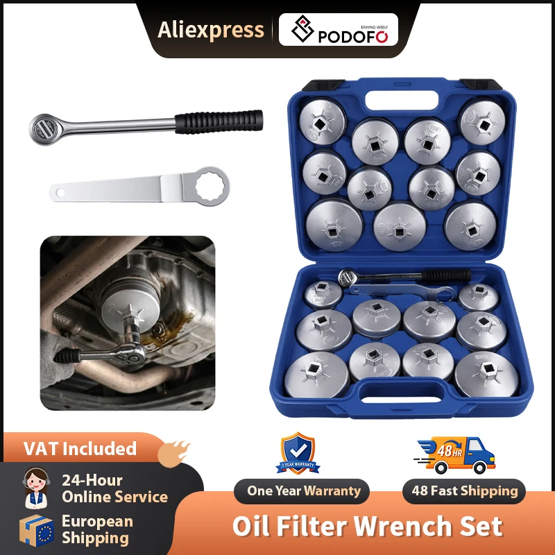 Set di chiavi per filtro olio Podofo da 23 pezzi, set di chiavi per tappo filtro olio con attacco da 1/2 pollice, strumento per la rimozione del filtro olio, set di chiavi a tazza per filtro olio.