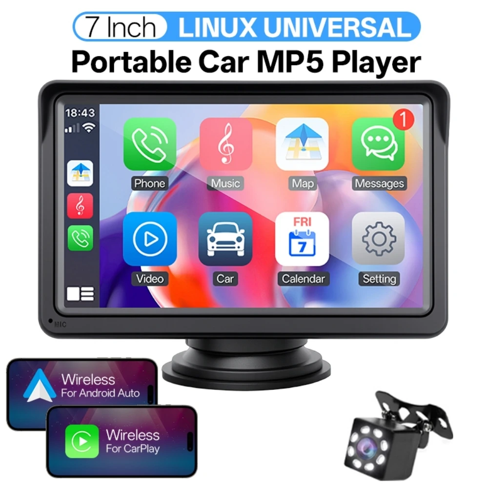 Hippcron Autoradio da 7 pollici con lettore multimediale video, Carplay wireless e Android Auto wireless, schermo touch universale portatile