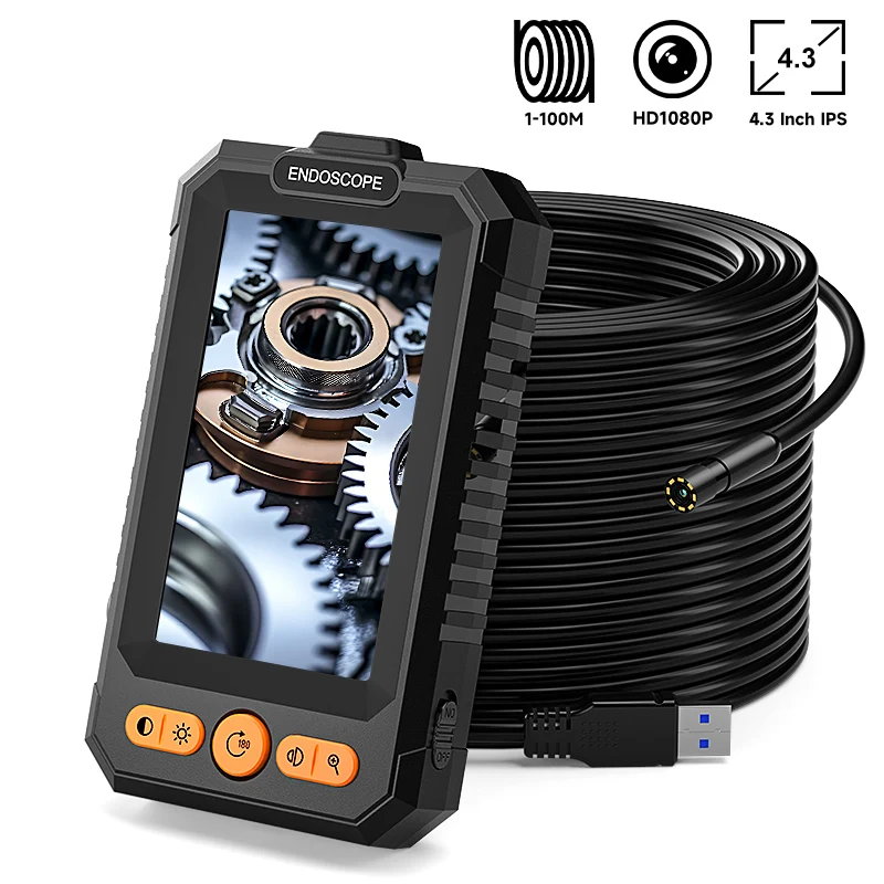 Endoscopio Industriale con Schermo IPS da 4.3'', HD1080P, Telecamera USB 8MM, 2M-100M, per Ispezione Auto, Tubi e Fognature, Boroscopio con 8 LED, 2600mAh, Impermeabile