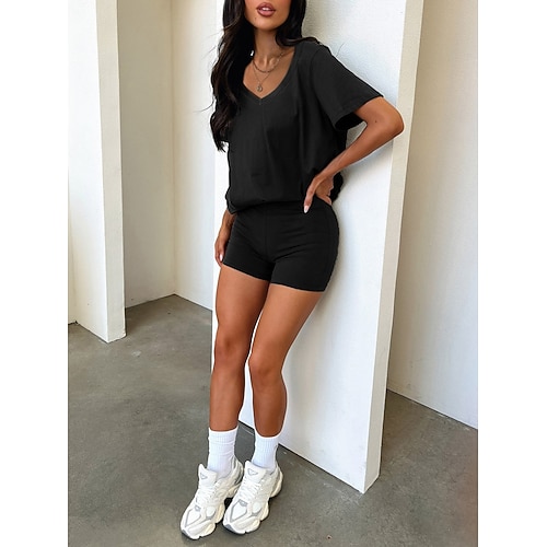Damen Shorts-Sets Kurzarm Rundhals Einfach Mode Streetwear Lässig Täglich Outdoor Schwarz Rosa Marineblau Sommer Normale Passform Image