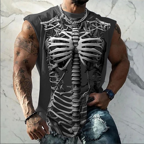 Ärmelloses Herren-T-Shirt mit 3D-Skelett-Rippen-Grafik, Allover-Print, anatomischem Knochenmotiv, Muskelshirt, Halloween-Punk-Streetwear, Designer-Kleidung, Größen: S, M, L, XL, XXL, XXXL Image