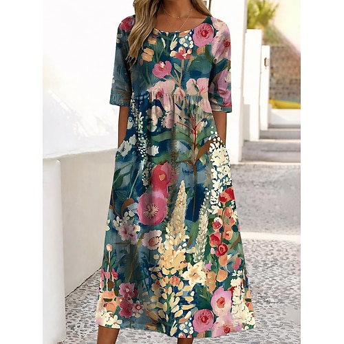 Damen Midikleid Freizeitkleid Druckkleid Vintage Outdoor Urlaub Ausgehen Lässiger Schnitt Blumen Grafik Halbarm Rundhalsausschnitt Blau Violett Purpur Grün Sommer Frühling Image