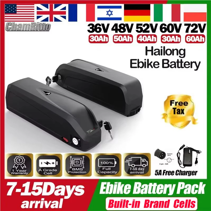 Batteria Ricaricabile 48V 36V 52V per Bici Elettrica, Batteria Hailong 60V 72V 20Ah 30Ah 40Ah 50Ah 60Ah per Scooter, Pacco Batteria al Litio 18650