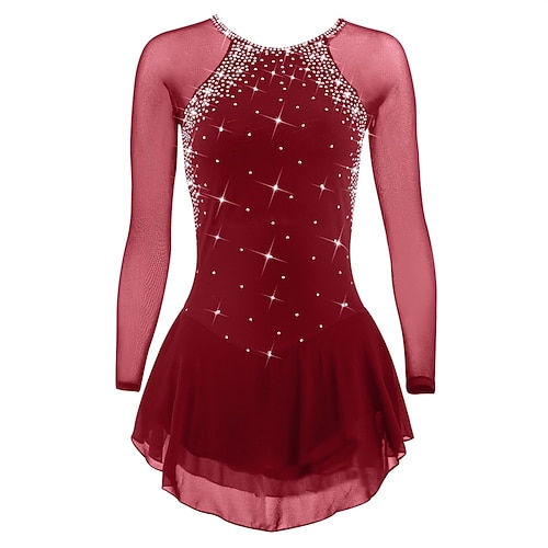 Eiskunstlaufkleid Damen Eislaufen Kleid Violett Schwarz Weiß Patchwork Asymmetrischer Saum Dehnbar Training Wettbewerb Eiskunstlaufkleidung Klassisch Kristall / Strass Langarm Eislaufen Eiskundstlauf Image