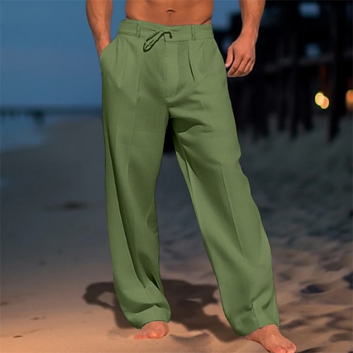 Herren Leinenhosen Hose Sommerhose Strandhose Kordelzug Gerader Schnitt Einfach Komfort Atmungsaktiv Volle Länge Lässig Täglich Strand Urlaub Mode Blau Schwarz Unelastisch Image