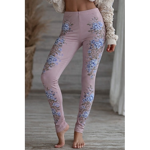 Damen Leggings Gemütliche Leggings Urlaub Vintage Ethno-Stil Volle Länge Hohe Taille Blumen Drucken Bequem Dehnbar Lässig Täglich Urlaub Blau Weiß Rote Purpur Frühling Herbst Schmale Passform Image
