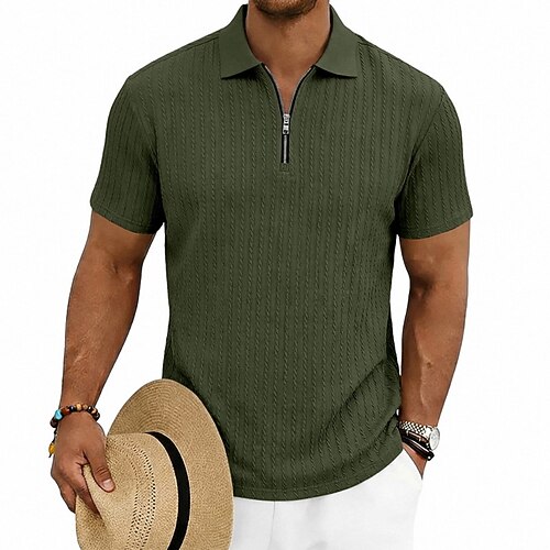 Herren Reißverschluss-Polo Textur Täglich Outdoor Viertelreißverschluss Kurzarm Mode Einfach Viertel Postleitzahl Sommer Frühling Normale Passform Dunkelgrün Wein Marineblau Schwarz Weiß Kaki Image