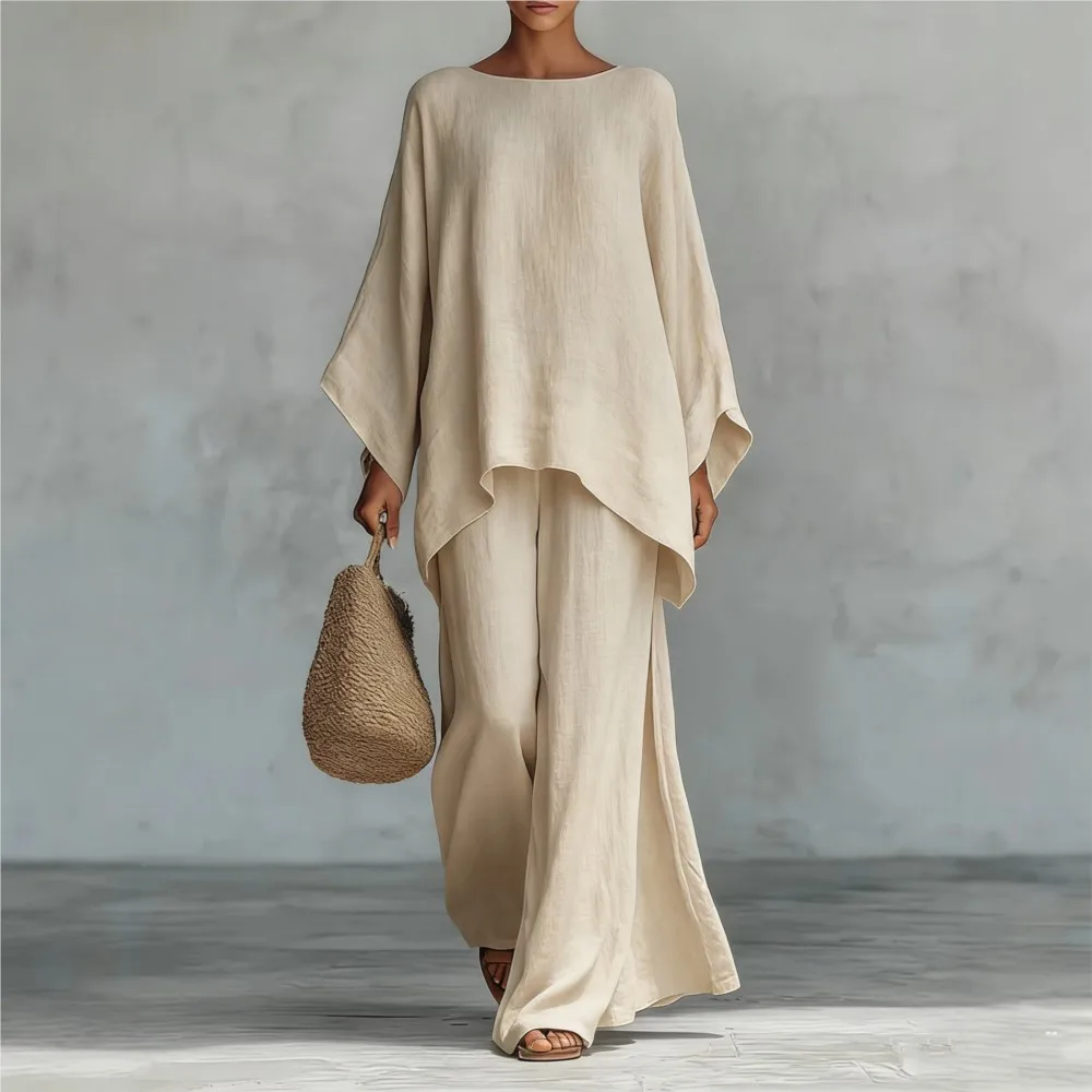 Set di 2 Pezzi in Lino alla Moda: Pantaloni Larghi a Gamba Larga e Maniche Lunghe, Nuovo Completo Casual Retrò Elegante da Donna per la Primavera