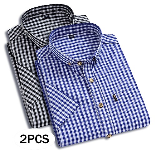 Herren Hemd Kleidhemd Durchgeknöpft Hemd Karomuster Lässig Täglich Dunkelblau Schwarz DunkelblauRot Blau Rot Schwarz Rrot Kurzarm Umlegekragen Sommer Bekleidung Patchwork Image