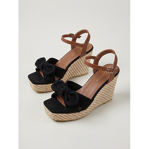 Rote Wildleder-Keilsandalen für Damen – elegante Espadrille-Plateausandalen mit Schleife und Knöchelriemen, ideal für luxuriöse Kreuzfahrten und tropische Resorts. Sommerliche Terrassenpartys Image