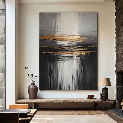 große schwarze Wandkunst schwarz Abstraktes, minimalistisches Gemälde in Gold, Wabi-Sabi-Stil, Wandkunst mit Blattgold, 3D-Textur auf Leinwand, Boho-Textur Image