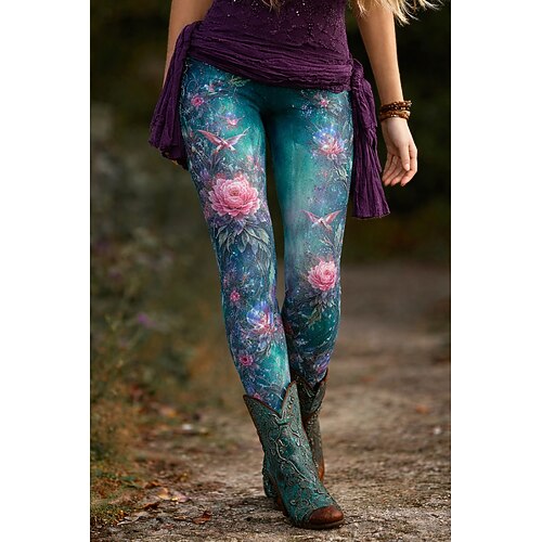 Damen Hosen Hose Leggings Gemütliche Leggings Streetwear Lässig Volle Länge Hohe Taille Blumen Elastischer Bund Druck Atmungsaktivität Bequem Dehnbar Urlaub Straße Alltagskleidung Blau Waldgrün Rosa Image