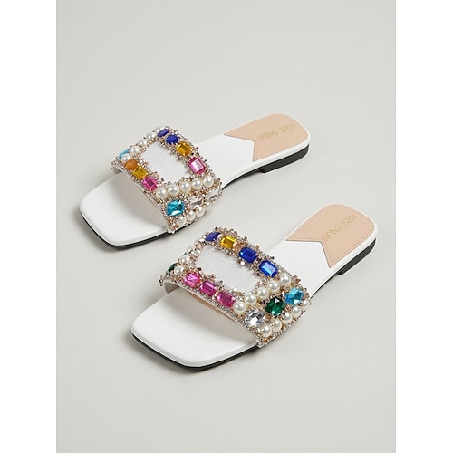 Elegante, verzierte Damen-Sandalen, offene Zehenpartie, Strass- und Perlen-Pantoletten für ein Abendessen im Resort oder den Urlaub Sommerabendveranstaltungen Image
