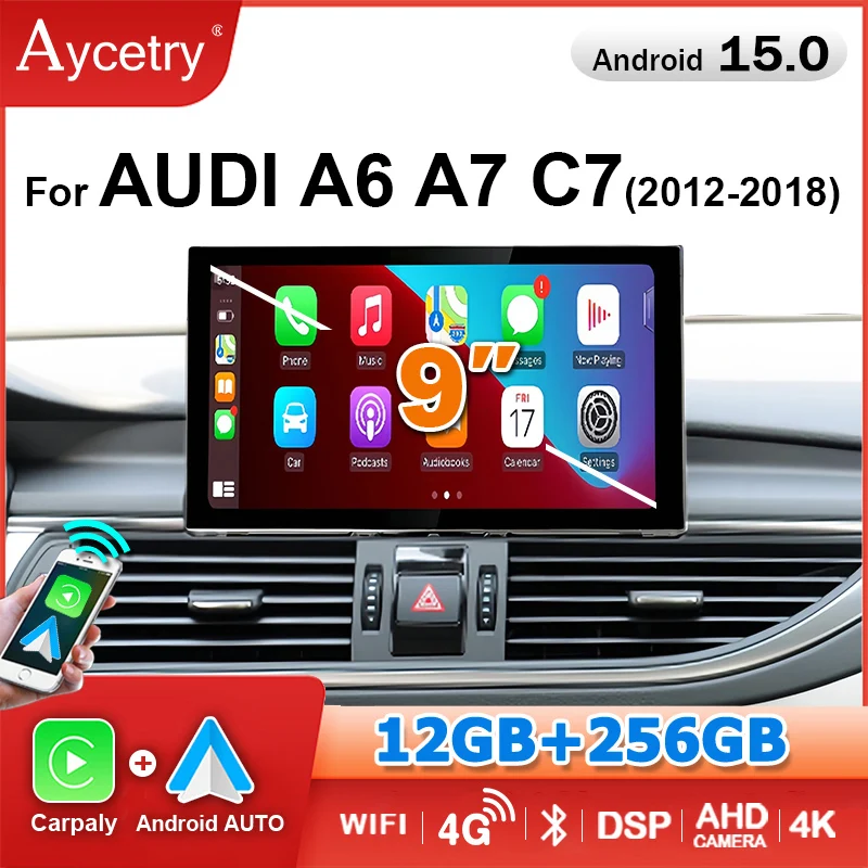 Autoradio Android 15 con Carplay Wireless a 8 Core, Schermo da 9'' per Audi A6 C7 A7 2012-2018, Lettore Multimediale 2 DIN con GPS e WIFI