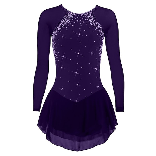 Eiskunstlaufkleid Damen Eislaufen Kleid Violett Schwarz Weiß Patchwork Asymmetrischer Saum Dehnbar Training Wettbewerb Eiskunstlaufkleidung Klassisch Kristall / Strass Langarm Eislaufen Eiskundstlauf Image