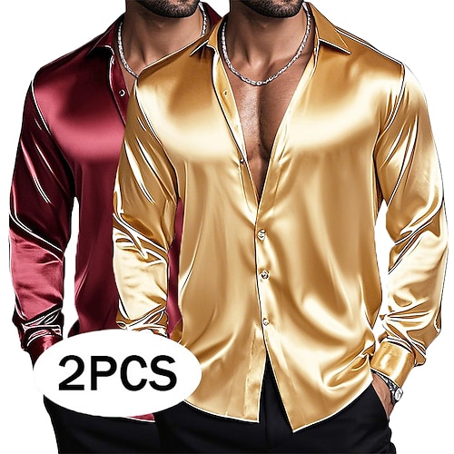 Herren Hemd Satinhemd Kleidhemd Knopfhemd Einfach Hochzeit Formell Weiß Gold Gold Grün HellblauGrün SchwarzWein Langarm Umlegekragen Ganzjahres Bekleidung Image