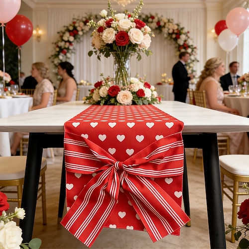 Herz Tischläufer mit Schleifenmuster, 33 x 180 cm, dekorative Tischdecke für Restaurants, Hochzeiten, Partys, Verlobungen, Valentinstag und Feiertage romantische Tischdekoration Image