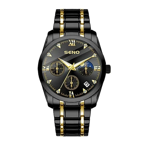 Luxuriöse Herrenuhr, zweifarbiger Edelstahl-Chronograph mit Mondphase und Datum, wasserdichte, leuchtende analoge Quarz-Armbanduhr für Business-Angelegenheiten, klassisches Modegeschenk für Männer Image