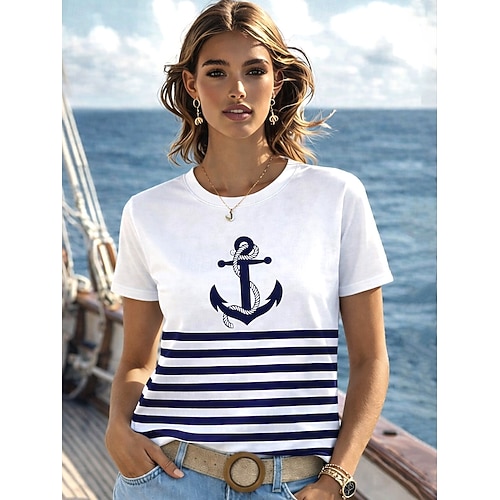 Damen T Shirt Druck Grafik Geometrisch Ozean Vintage Mode Stilvoll Kurzarm Rundhalsausschnitt Normale Oberteile Täglich Blau Sommer Frühling Image
