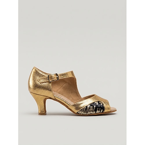 Goldene Damen-Lateintanzschuhe, offene Zehenpartie, Knöchelriemen, niedriger Absatz, Übungsschuhe für Salsa, Tango und Standardtänze Ausbildung Image
