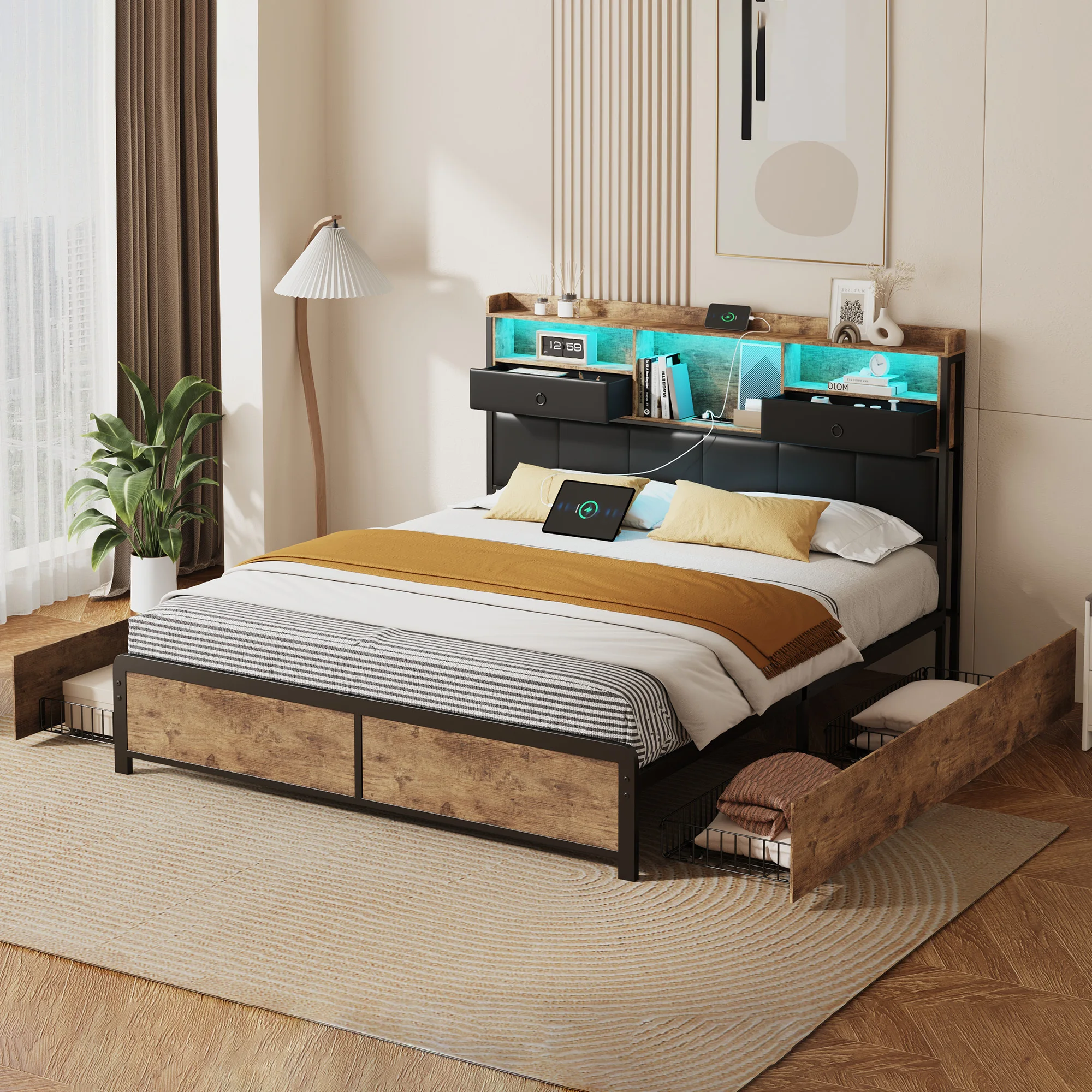 Superaly 140x200cm Metallbett mit 4 Schubladen, Jugendbett, Doppelbett mit LED-Aufbewahrungskopfteil, Bettgestell mit Lattenrost, PU+Holz