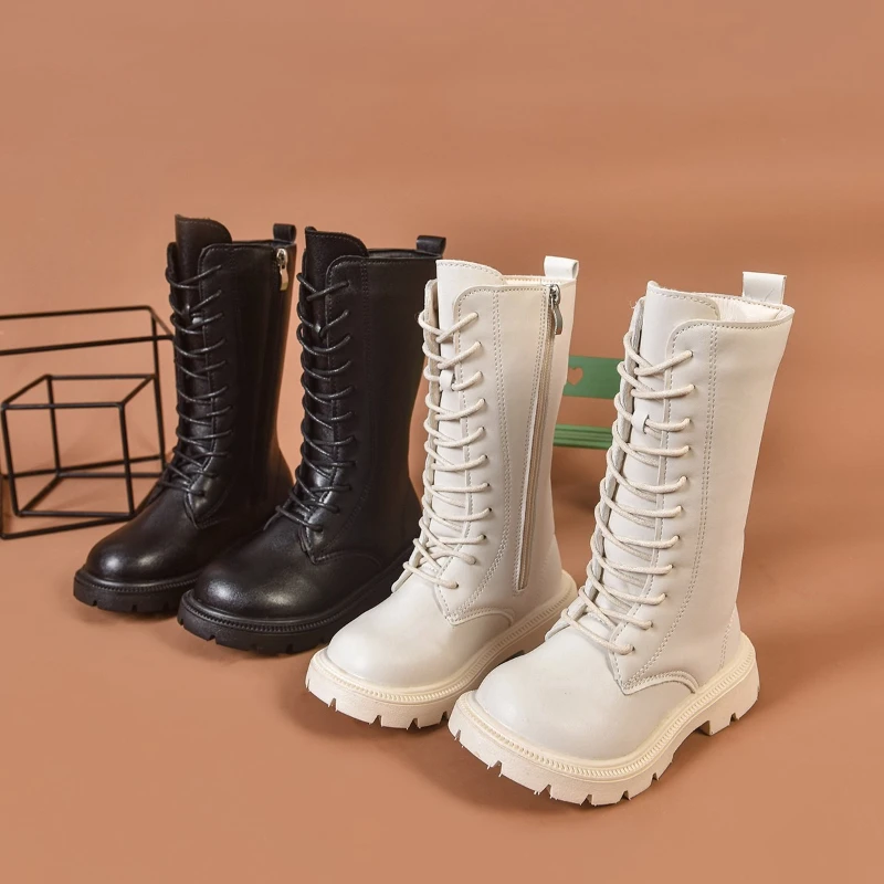 Neue Mädchen Winterstiefel Kniehohe Schnürung Punk Stil Kinder Stiefel Reißverschluss Schwarz Weiß Pu Leder Stilvolle Allgleiches Kinderschuhe