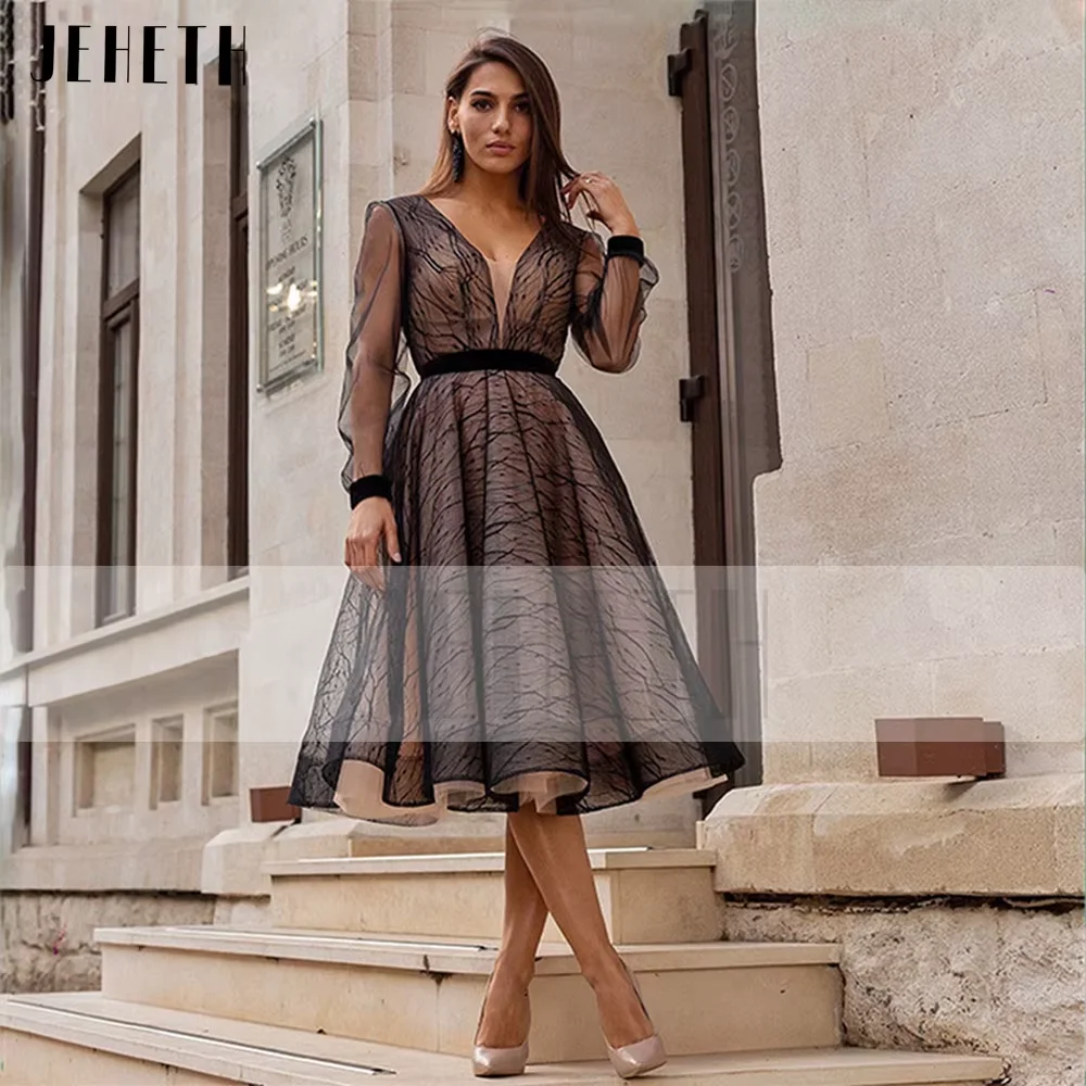 Jeheth schwarz lange Ärmel Tüll Ballkleid Frauen elegante V-Ausschnitt Bogen eine Linie Abend Promi Party Kleid Tee Länge angepasstJEHETH Schwarz Lange Ärmel Tüll Prom Kleid Frauen Elegante