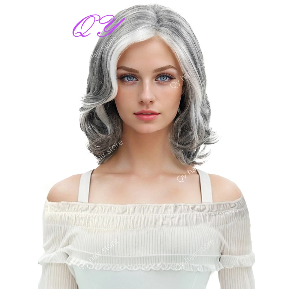Synthetische Damenperücke, 25,4 cm, kurz, gerade, grau-weiß, hochwertige Perücke mit verstellbarer Größe, für Damen, Perücke für den täglichen Gebrauch Image