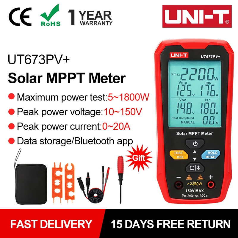 UNI-T UT673PV+ 5-1800W Solar MPPT Messgerät PV-Modul-Maximalleistungsmesser Bluetooth Photovoltaik-Panel-Tester Vmp Imp Voc Isc Test Image
