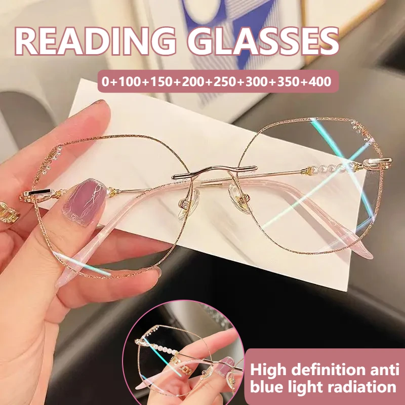 Diamantbesetzte, ultraleichte, rahmenlose Lesebrille, modisch und hochauflösend, Anti-Blaulicht und Anti-Strahlung Image