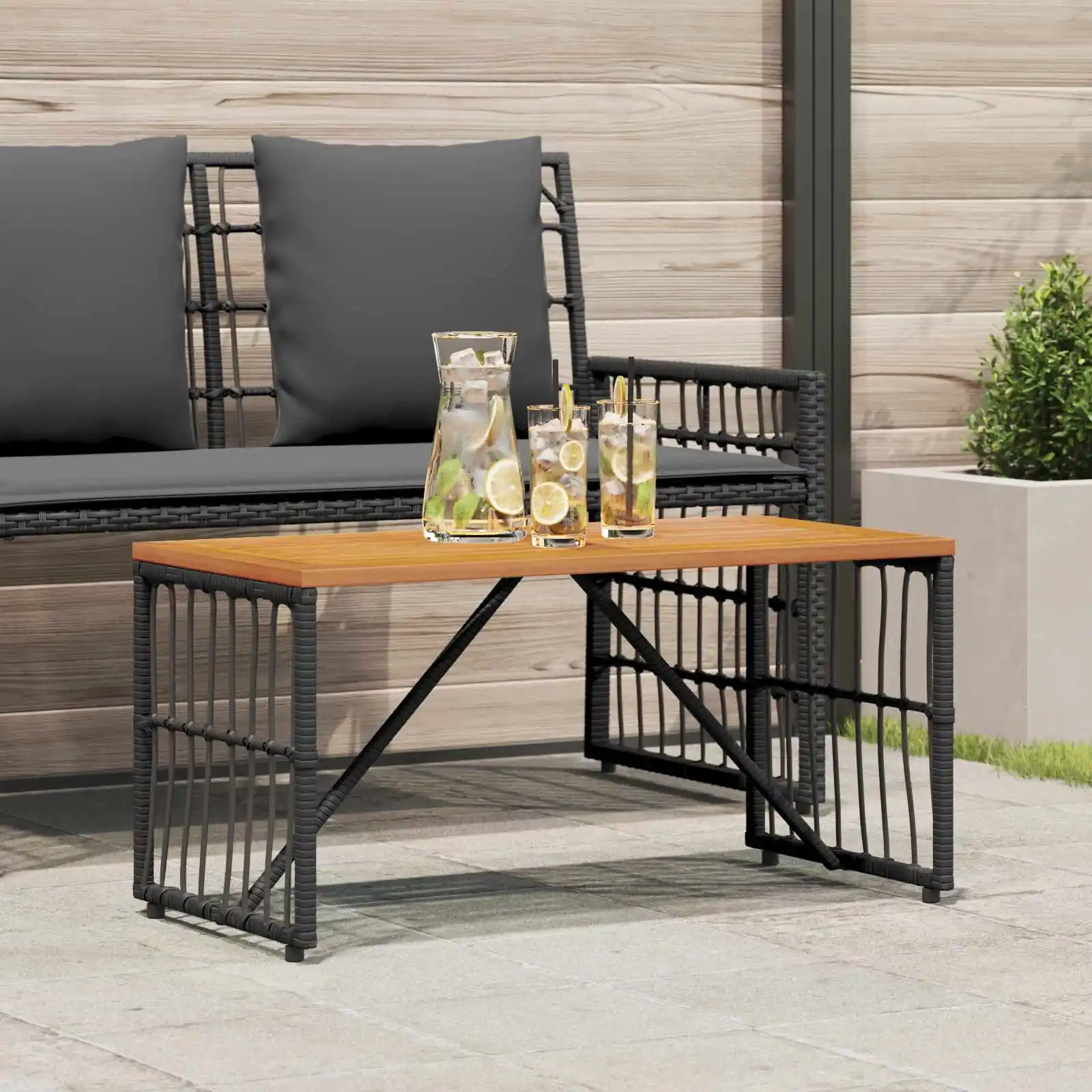 Schwarzer Gartentisch, 80 x 40 x 40 cm, Stahl und Rattanpoly. Moderner Gartentisch aus Holz für Terrasse und Innenhof (nur Tisch)