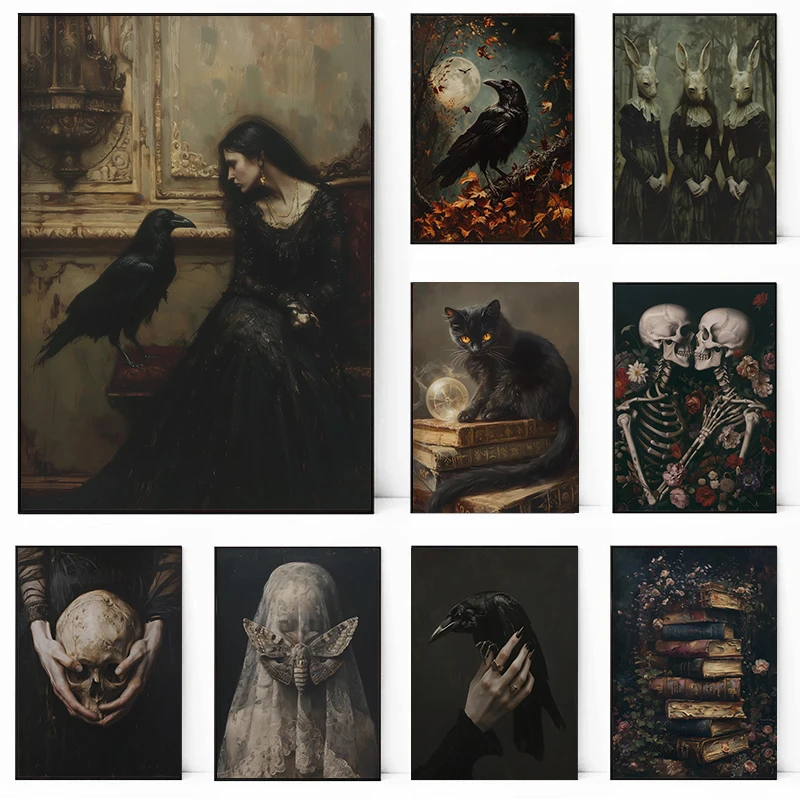Vintage Dunkles, düsternes viktorianisches Hexen-Krähe-Motten-Totenkopf-Wald-Kaninchen-Kult-Poster Leinwandbild Wandkunst Bilder Heimdeko