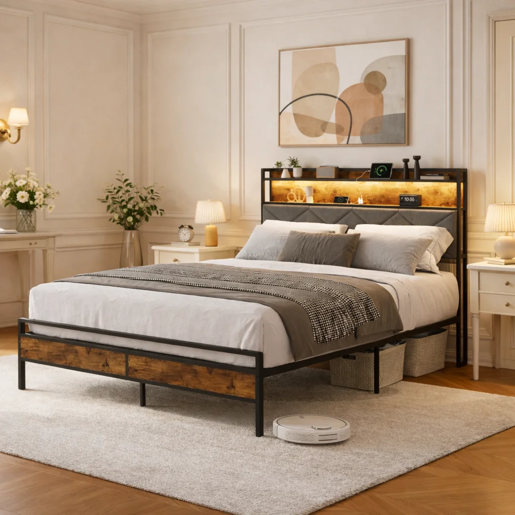 Polsterbett 140x200 cm mit Metall Lattenrost, Doppelbett mit LED und Anschluss, Bettgestell mit Stauraum, Jugendbett modernes Bett für Schlafzimmer Gästezimmer Grau