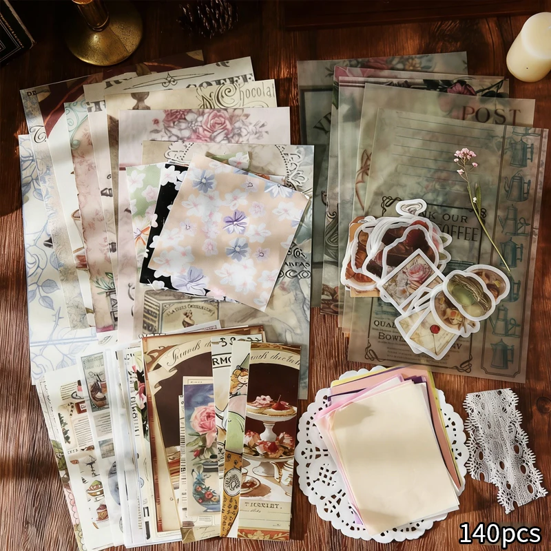 140 Blatt Vintage Gemischtes Aufkleber- und Materialpapier-Set, Retro Ästhetisches Journal-Collage-Kit, Tagebuch-Deko-Basispapier Image