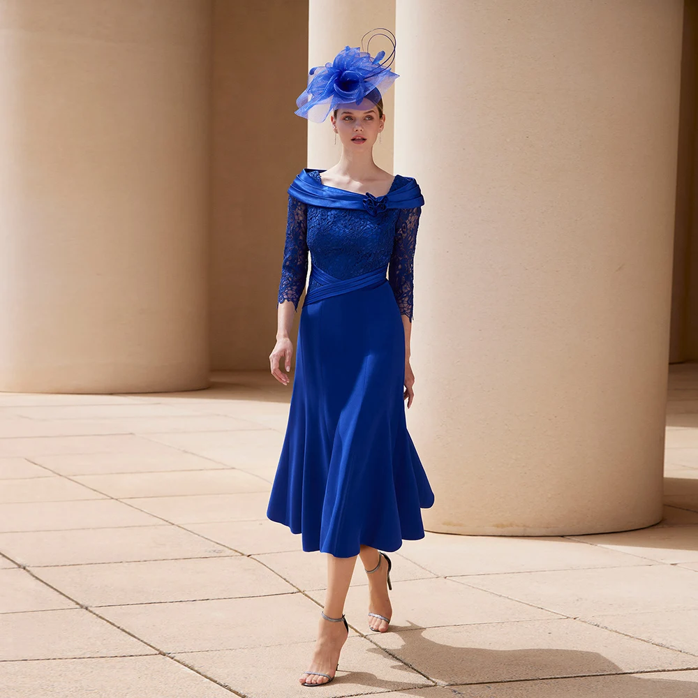 Elegante Royal Blau Mutter der Braut Kleider Square Neck 3/4 Ärmeln Hochzeit Party Kleider Spitze A-linie Tee Länge فساتين السهرة